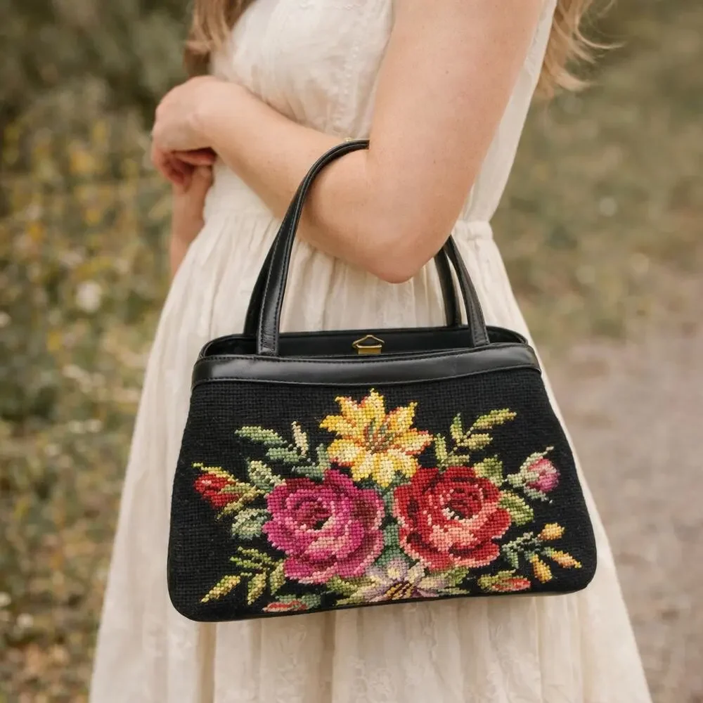 Vintage 1960's Black Leather Floral Needlepoint Handbag Gold Clasps Hong Kong